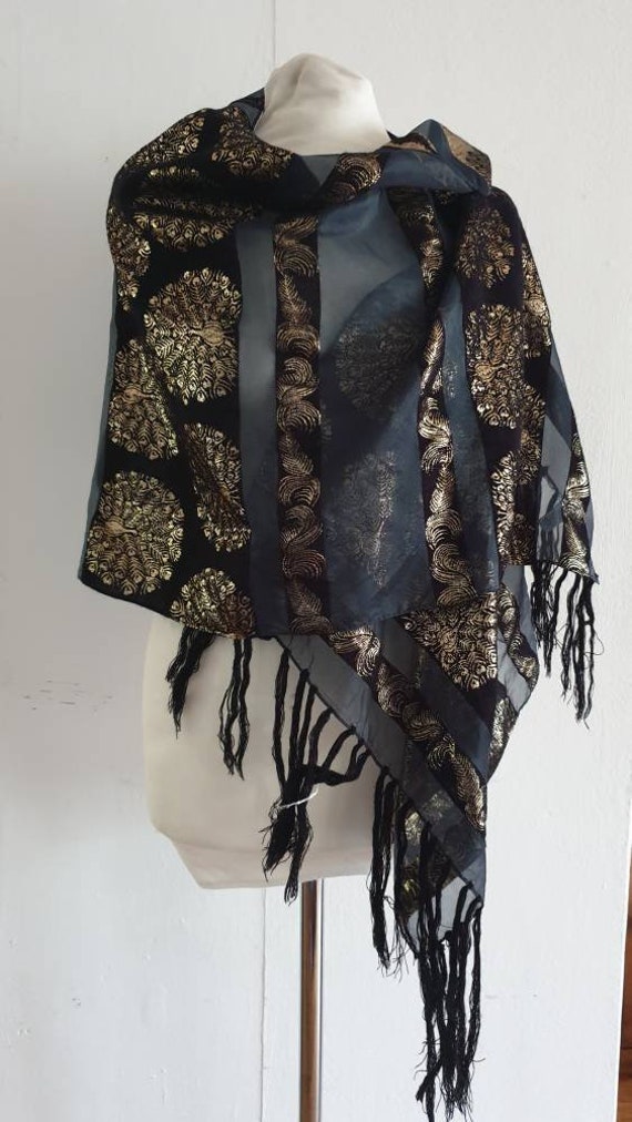 Vintage Shawl / Black and Gold Shawl / Vintage Wrap / Fringed Etsy