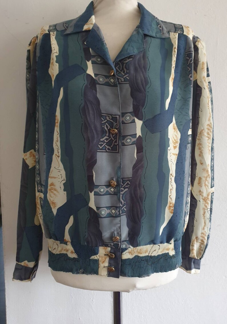 Vintage Blouse 80s Blouse Abstract Print Blouse Vintage Top Silky Top Grey Teal Blouse Size Medium Large