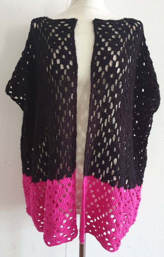 Vintage Cardigan / Crochet Cardigan / Black Pink