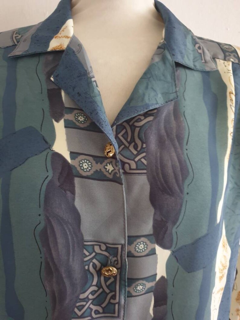 Vintage Blouse 80s Blouse Abstract Print Blouse Vintage Top Silky Top Grey Teal Blouse Size Medium Large