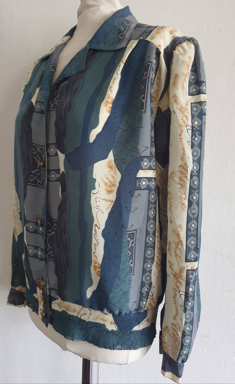 Vintage Blouse 80s Blouse Abstract Print Blouse Vintage Top Silky Top Grey Teal Blouse Size Medium Large