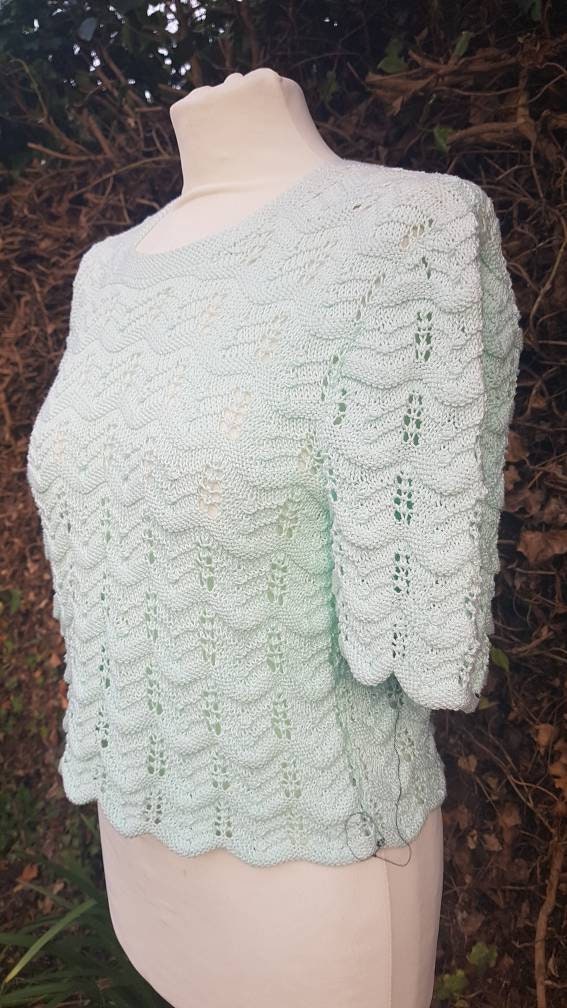 Hand Knitted Jumper / Lace Knit / Short Sleeved Top / Mint - Etsy ...