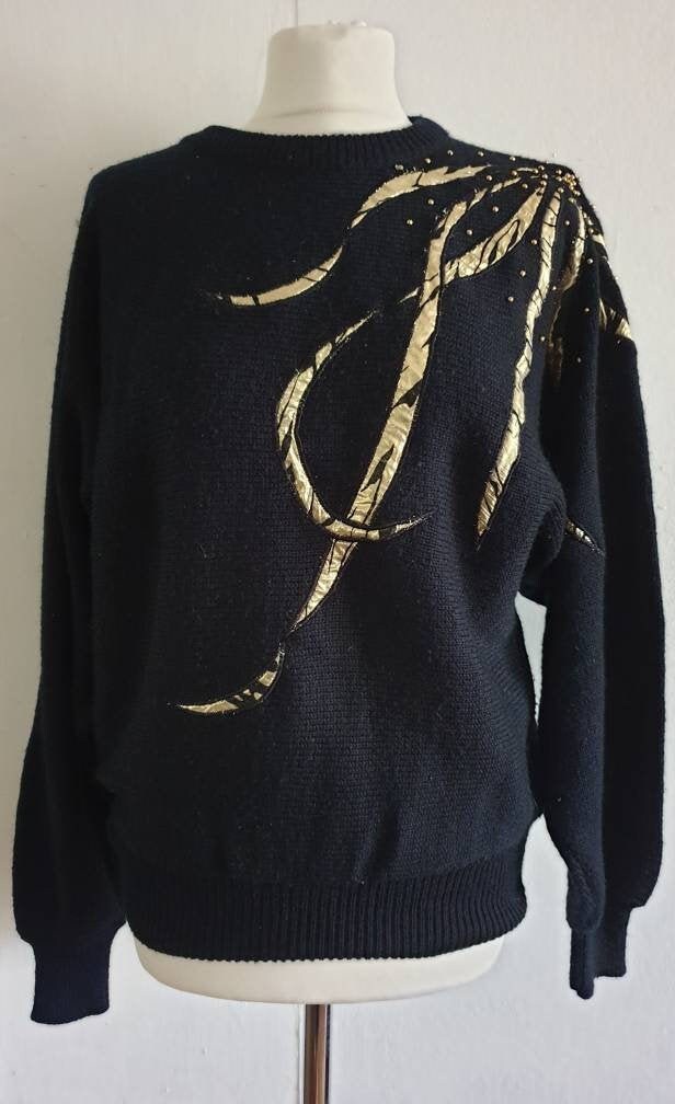 80s Black Gold Colour Applique Jumper / Vintage Batwing Etsy