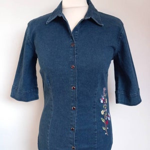 Vintage 2YK Stretch Blue Denin Half Sleeve Shirt with Floral Embroidery Small