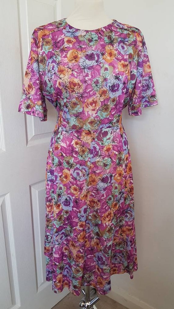 80/'s Blue Floral Print Dress Medium Large Vintage Long Sleeve Dress