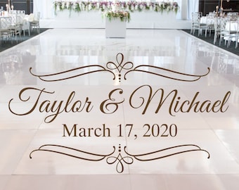 May include: A brown decorative floor decal with a stylized design and the text "Taylor & Michael March 17, 2020".