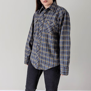 Vintage blue plaid wool flannel button down shirt