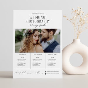 May include: A wedding photography pricing guide with three packages. Package one is £1,200, package two is £2,300, and package three is £7,300. Each package includes different services, such as hours of coverage, photographers, locations, edited images, online gallery, and digital images.