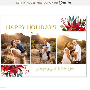 Floral Christmas card template for Canva and Photoshop - Holiday Card template for photographers - Printable Christmas Photo Card Template
