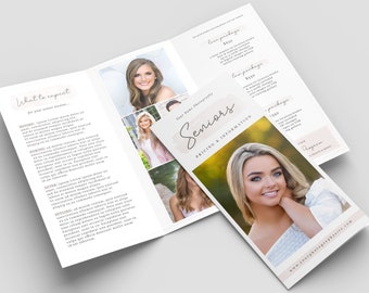 May include: A tri-fold brochure for senior portrait photography. The brochure features a pink and white watercolor background with the text "Seniors" in a handwritten font. The brochure includes pricing and information about different photography packages.