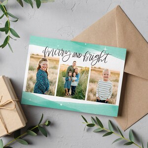 Modello per biglietto di Natale turchese per Canva, modello per biglietto fotografico di Natale ad acquerello modificabile, biglietto di Natale stampabile Canva, stampabile
