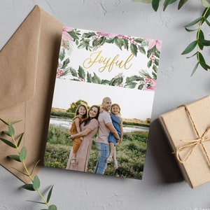 Pink Christmas Card Template for Canva, Holiday Photo card with pictures, editable christmas card template, instant download card template