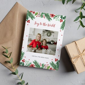 Watercolor Christmas card template Canva, Holly Berry Christmas Photo Card, Holiday photo card template, editable christmas card download