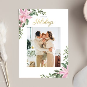 Pink Floral Christmas Card with Photos - Editable Christmas Card for Canva, customizable christmas card instant download, xmas Photo Card