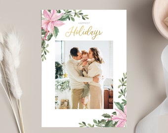 Pink Floral Christmas Card with Photos - Editable Christmas Card for Canva, customizable christmas card instant download, xmas Photo Card