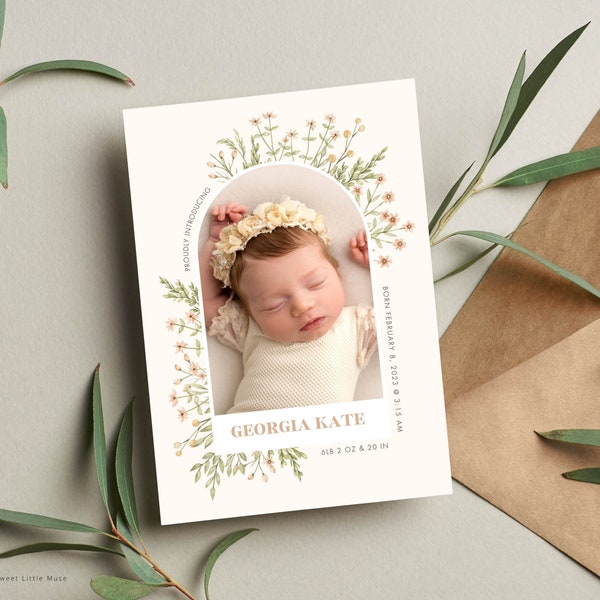 Boho Birth Announcement Template for Canva -  Flower Birth Announcement - Printable Girls Birth Announcement - Editable Instant Download