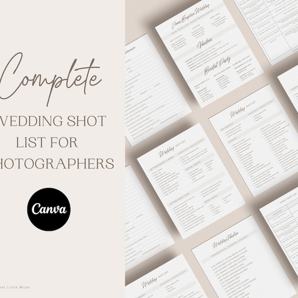 Wedding Photographer shot list template for Canva - Wedding Photographer Organizer - Wedding Photography Timeline