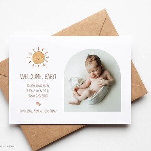 Sunshine Birth Announcement Template -  Gender Neutral Minimalist Birth Announcement for Canva - editable birth announcement download