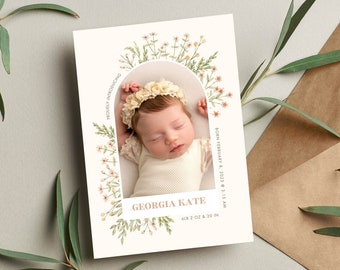 Soft Floral Birth Announcement Template for Canva -  Flower Birth Announcement - Printable Girls Birth Announcement, evite or print card