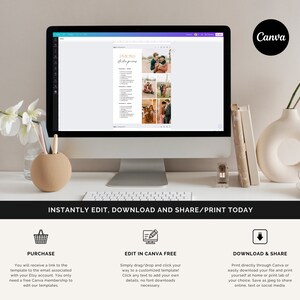 Puede incluir: Una pantalla de ordenador que muestra un documento de Canva con el t&iacute;tulo "PRICING studio posers". El documento incluye una lista de opciones de precios para los servicios de fotograf&iacute;a. El documento est&aacute; rodeado por un borde morado. Debajo de la pantalla hay una superficie blanca con tres iconos: un carrito de compras, un l&aacute;piz y una flecha de descarga. El texto debajo de los iconos describe los pasos para comprar, editar y descargar el documento.