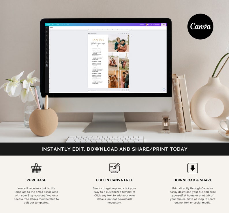 Puede incluir: Una pantalla de ordenador que muestra un documento de Canva con el t&iacute;tulo "PRICING studio posers". El documento incluye una lista de opciones de precios para los servicios de fotograf&iacute;a. El documento est&aacute; rodeado por un borde morado. Debajo de la pantalla hay una superficie blanca con tres iconos: un carrito de compras, un l&aacute;piz y una flecha de descarga. El texto debajo de los iconos describe los pasos para comprar, editar y descargar el documento.