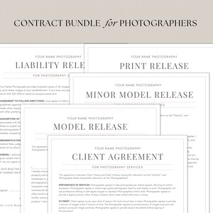 May include: A set of five printable contracts for photographers, including a liability release, print release, minor model release, model release, and client agreement. The contracts are designed to be used by photographers for their business.