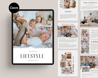 May include: A digital guide for lifestyle photography with a cover image of a father playing with his two children on a bed. The guide includes information on what a lifestyle session is, how to prepare for a session, and what to wear.