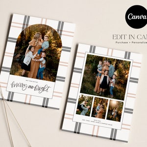 canva plaid christmas card template, printable christmas card template with brown and black plaid background and photos