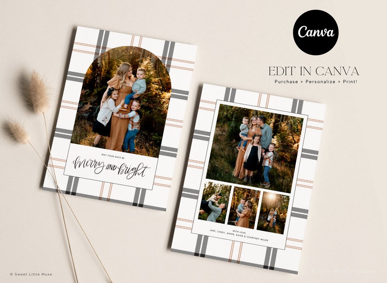 canva plaid christmas card template, printable christmas card template with brown and black plaid background and photos