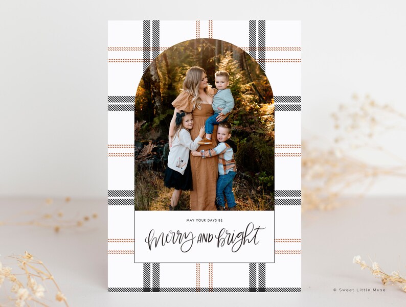 black and brown plaid background christmas card template for canva