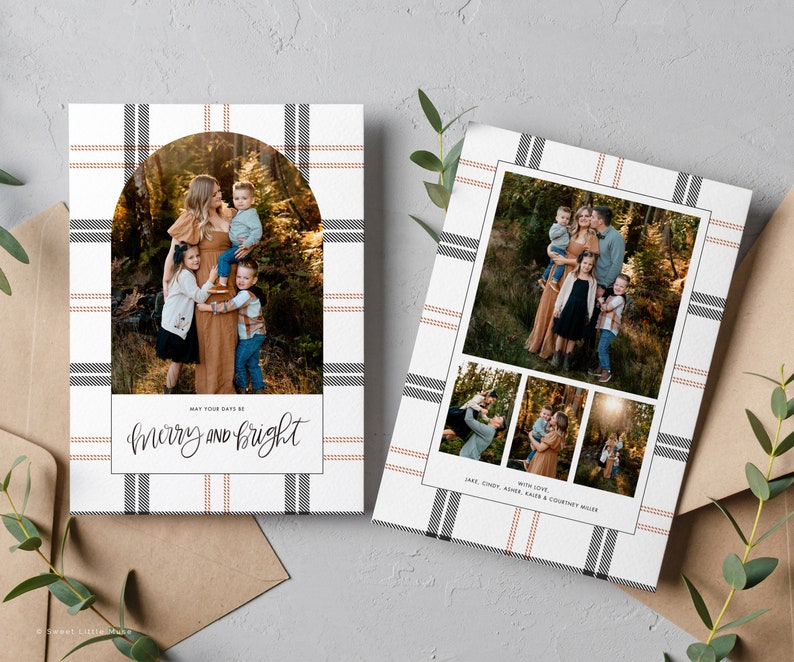 beige and black plaid christmas card template, photo christmas card with blackplaid background