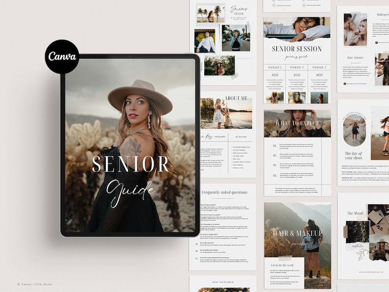 Senior photography magazine template, photography style guide, photography guide for seniors, client guide, printable senior photography style guide, digital photography style guide, canva templates, instant download