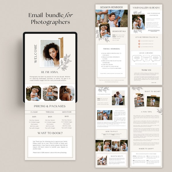 Photography Email Template Bundle for Canva - Session Reminder Template for photographers - Canva Digital Welcome Guide