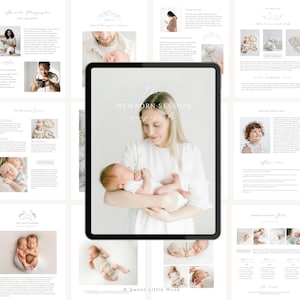 May include: A digital tablet displays a newborn photography session guide. The tablet shows a woman holding a baby, with the text "Newborn Session" at the top. Surrounding the tablet are pages with photos and text.
