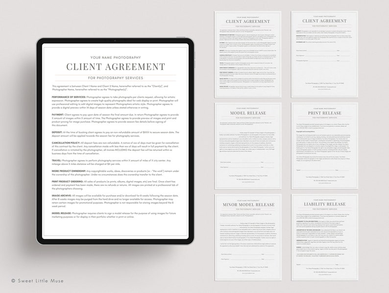 May include: A client agreement for photography services, with sections for performance of services, payment, deposit, cancellation policy, travel, print product ownership, image archive, model release, minor model release, and liability release.