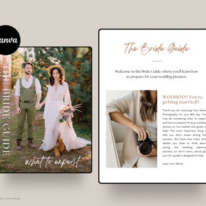 May include: A guide for brides with a photo of a couple in a forest setting and a photo of a photographer holding a camera. The text on the guide says "The Bride Guide" and "What to expect".