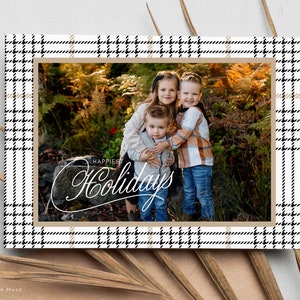 plaid christmas card template with pictures, photo plaid holiday card template for canva