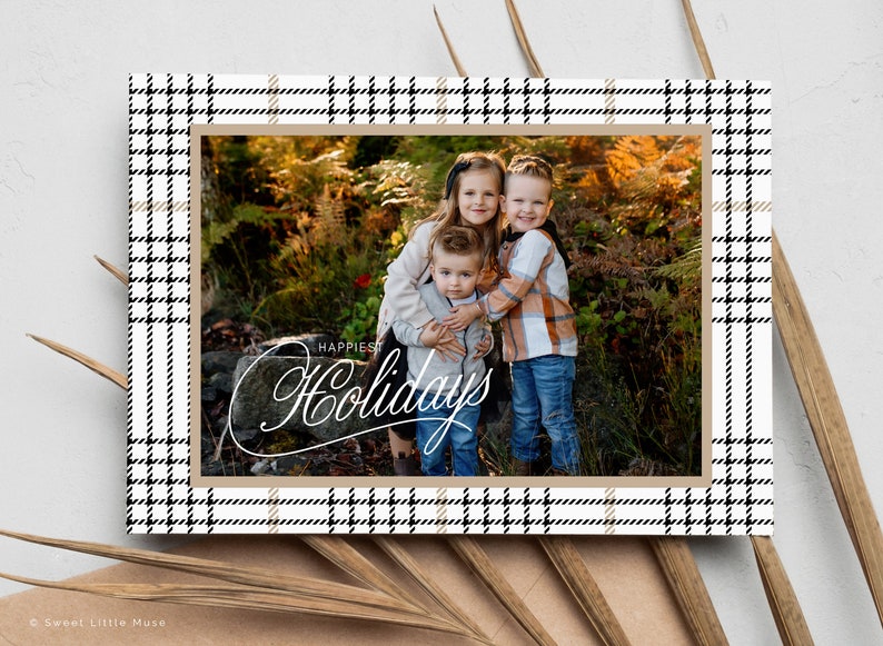 plaid christmas card template with pictures, photo plaid holiday card template for canva