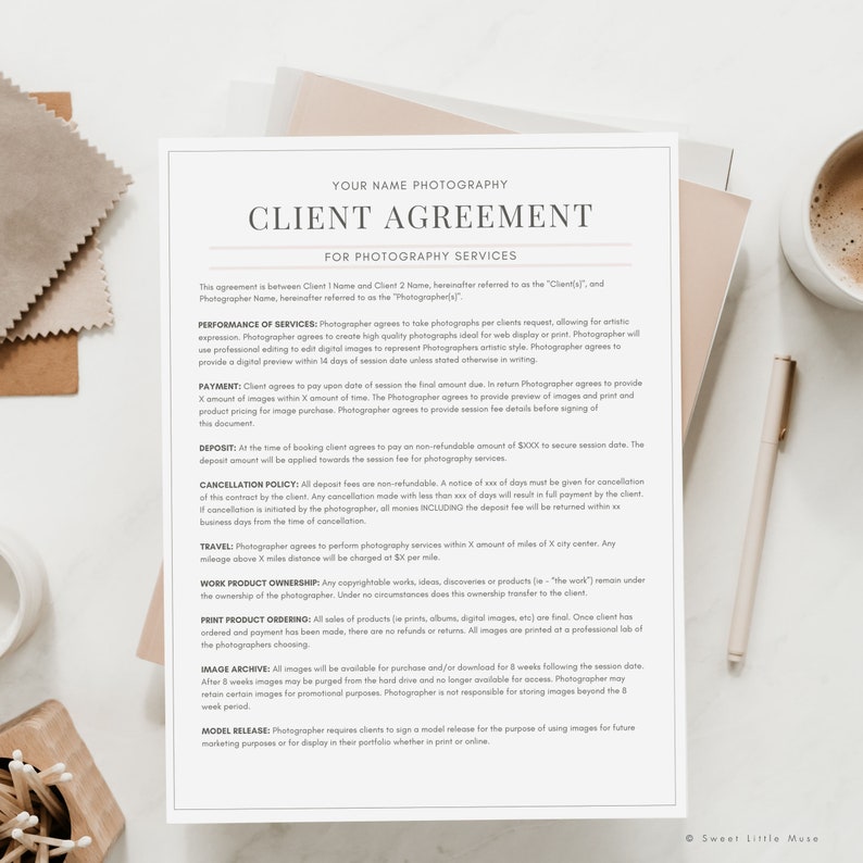 May include: A black and white client agreement form for photography services. The form includes details about performance of services, payment, deposit, cancellation policy, travel, work product ownership, print product ordering, image archive, and model release.