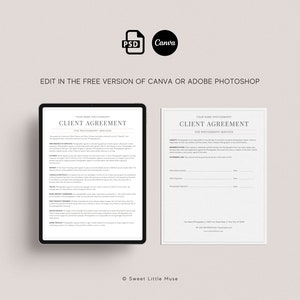 May include: A printable client agreement form for photography services. The form includes sections for liability, indemnification, governing law, client signature, photographer signature, and contact information.