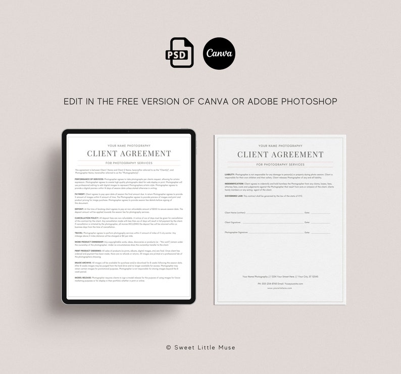 May include: A printable client agreement form for photography services. The form includes sections for liability, indemnification, governing law, client signature, photographer signature, and contact information.