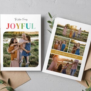 May include: Two white family photo cards. One card has the word "JOYFUL" in rainbow colors. The other card has multiple family photos and the text "May your days be merry and bright".
