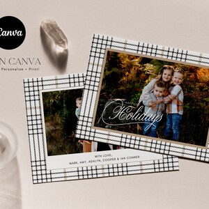 modern plaid christmas card template with pictures, brown and black plaid, brown and beige plaid christmas card