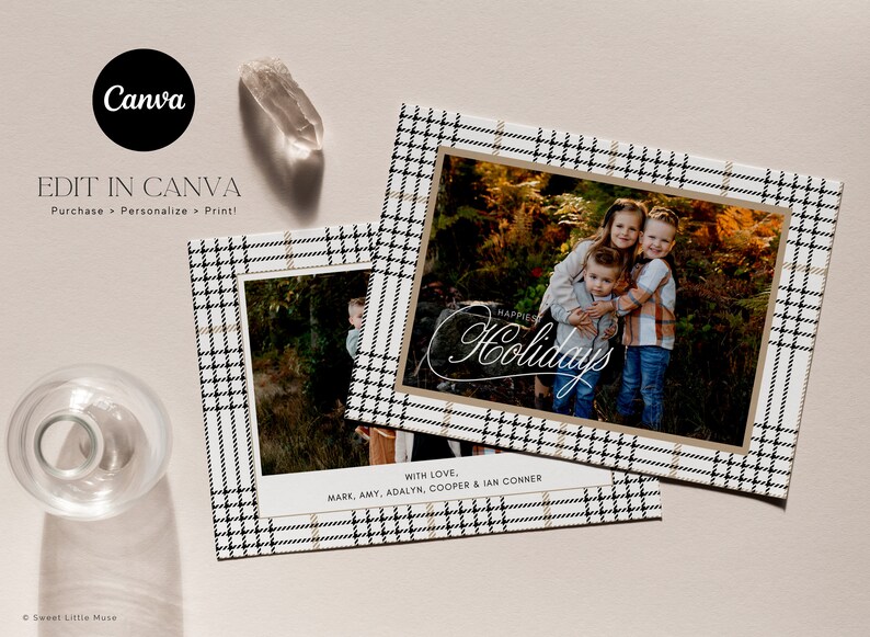 modern plaid christmas card template with pictures, brown and black plaid, brown and beige plaid christmas card