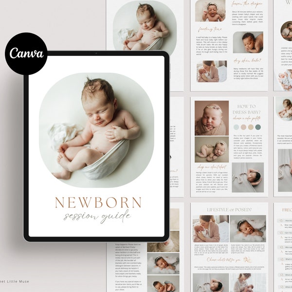 Guía de sesiones de recién nacidos para Canva - Guía para clientes de fotografía de recién nacidos para Canva - Preparación para sesiones de fotografía, guía de bienvenida para recién nacidos, qué ponerse