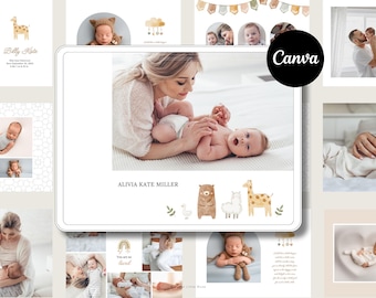 Plantilla de álbum de fotos de bebé en acuarela para Canva: Álbum imprimible