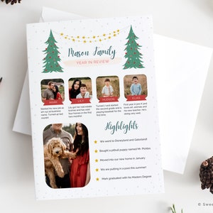year in review christmas card for family of four, four photos family christmas card, holiday newsletter templates, printable christmas card, customizable christmas card template, canva card template, canva christmas card
