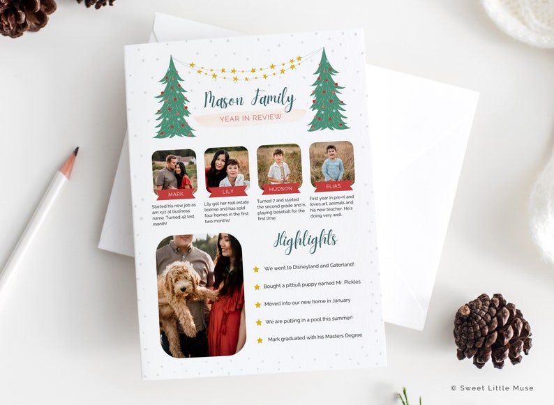 year in review christmas card for family of four, four photos family christmas card, holiday newsletter templates, printable christmas card, customizable christmas card template, canva card template, canva christmas card