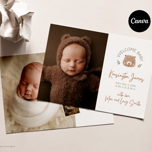 Modèle de faire-part de naissance imprimable bébé ours - faire-part de naissance neutre de genre modifiable pour Canva, téléchargement immédiat