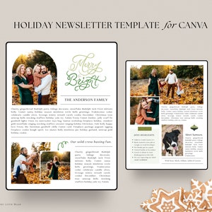 Puede incluir: Una plantilla de bolet&iacute;n navide&ntilde;o verde y blanco para Canva con el texto "Merry Bright" y "The Anderson Family". La plantilla presenta fotos de una familia en un entorno invernal, un perro y un &aacute;rbol de Navidad. El texto incluye detalles sobre las actividades y tradiciones navide&ntilde;as de la familia.